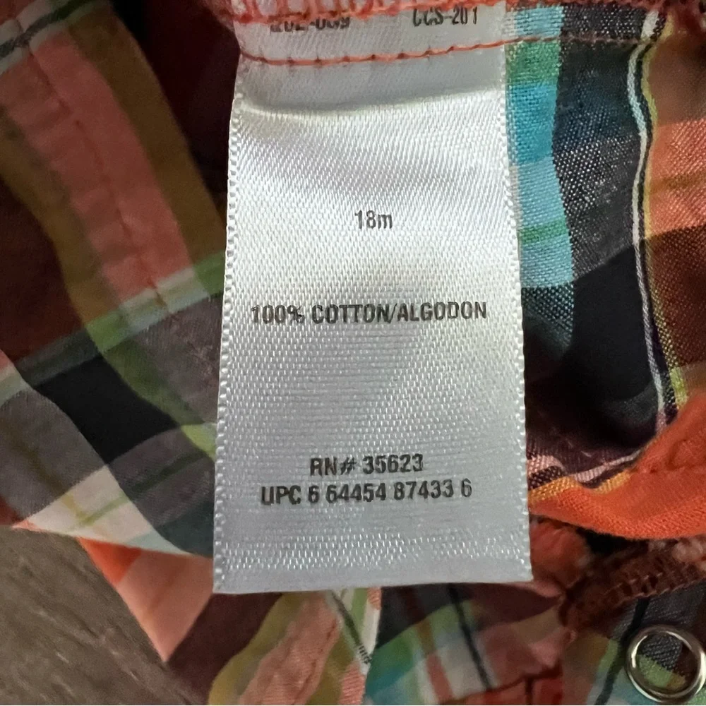 🍄 3/$15 Carter’s Romper Boys 18M Orange Plaid Beach Bum Surf Graphic Cotton